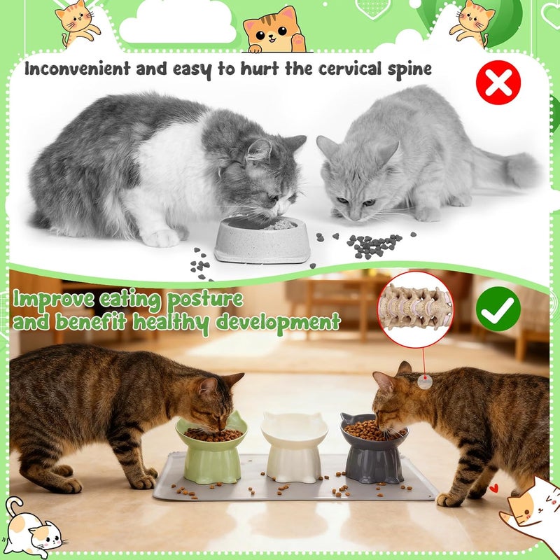 Hoemwarm 3 Pcs Elevated Cat Bowls 15°Raised Cat Food Bowl with Silicone Mat Whisker Friendly Anti Vomiting Cats Dishes Pet Food and Water Bowls for Indoor Cats Kittens Classic 3 Colors - Image 2